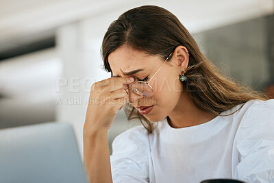 Buy stock photo Headache, woman and burnout in office, anxiety and mental health. Young female, entrepreneur and business owner with pain, tired and upset with planning issues, overworked and depressed with stress.