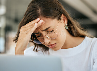 Buy stock photo Stress, headache and office burnout of a business woman experience a computer glitch. Working employee with a 404, audit and online problem feeling anxiety and mental health issue at her office job
