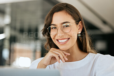 Buy stock photo Creative, woman and portrait smile with glasses for vision, career ambition or success at the office. Happy female employee designer face smiling with teeth in happiness or satisfaction at workplace