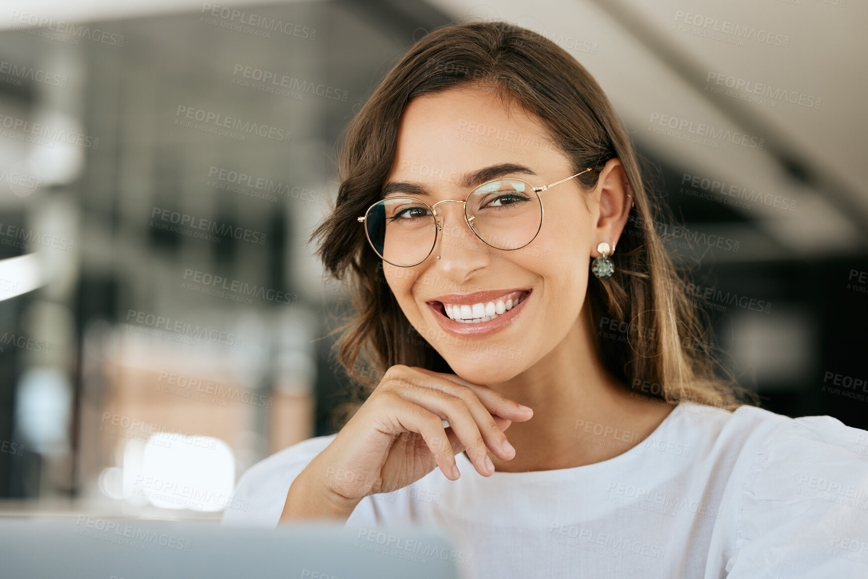 Buy stock photo Creative, woman and portrait smile with glasses for vision, career ambition or success at the office. Happy female employee designer face smiling with teeth in happiness or satisfaction at workplace