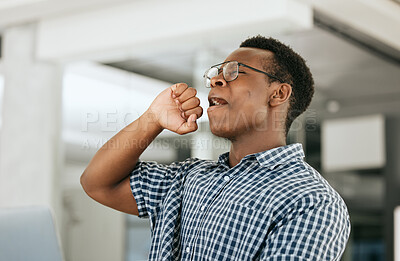 Buy stock photo Tired, yawn and business black man on laptop in office workplace for startup management, company report and market research. Fatigue, burnout and mental health risk of corporate employee at his desk