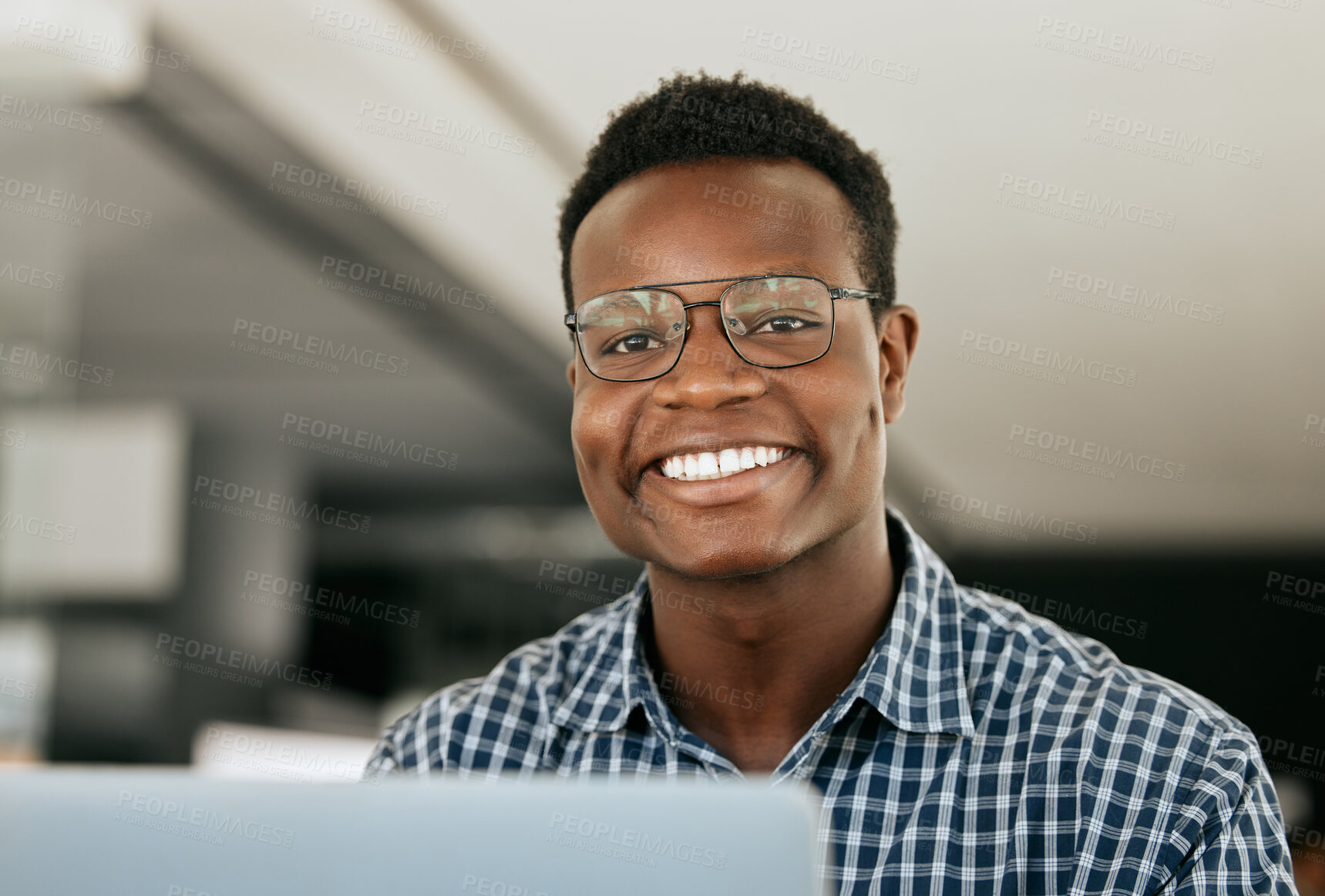 Buy stock photo Portrait, laptop and it support with a black man working in his office as an engineer or technician. Face, happy and smile with a nerd or geek at work in information technology or internet security