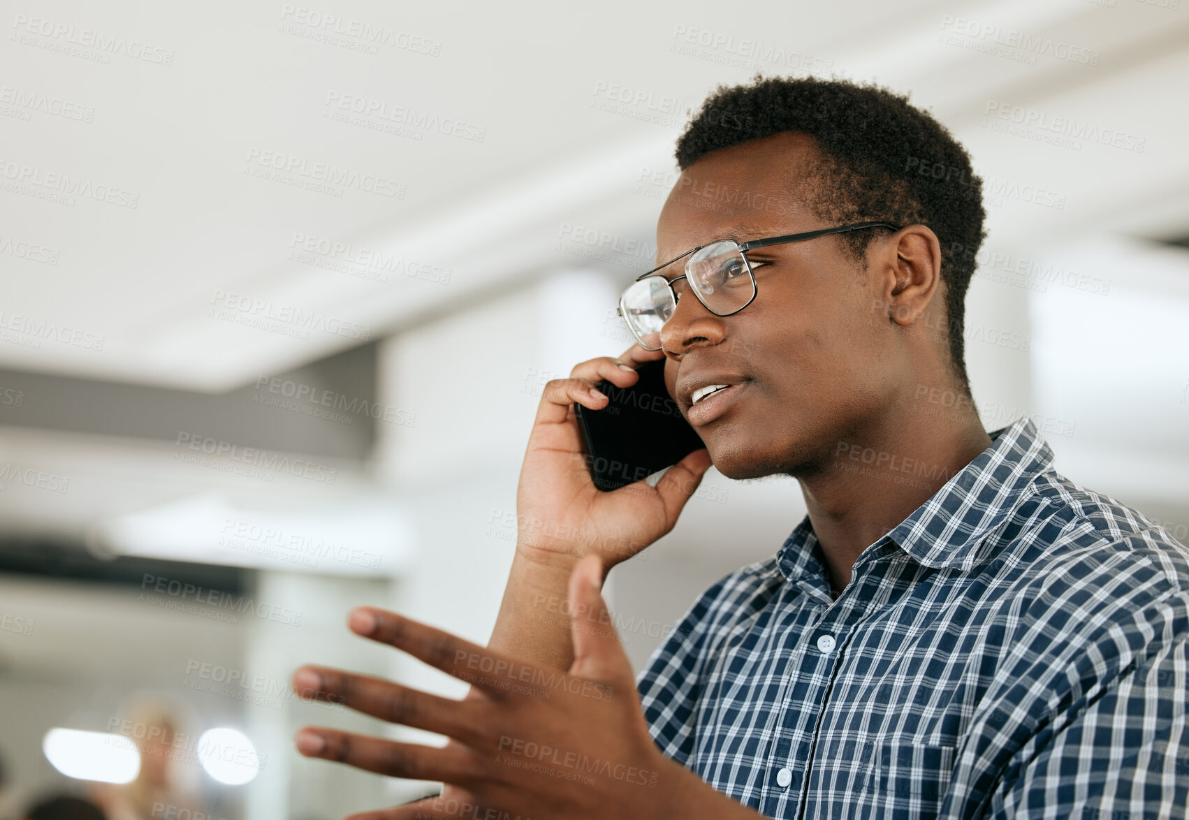 Buy stock photo Business black man, phone call and communication for startup networking, online negotiation strategy and corporate planning. African boss, entrepreneur or manager talking on a smartphone for feedback