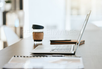 Buy stock photo Empty table with files, coffee and laptop with notebook, folder and financial portfolio of economy, stock market or trading research. Digital tech for online study of cryptocurrency investment growth