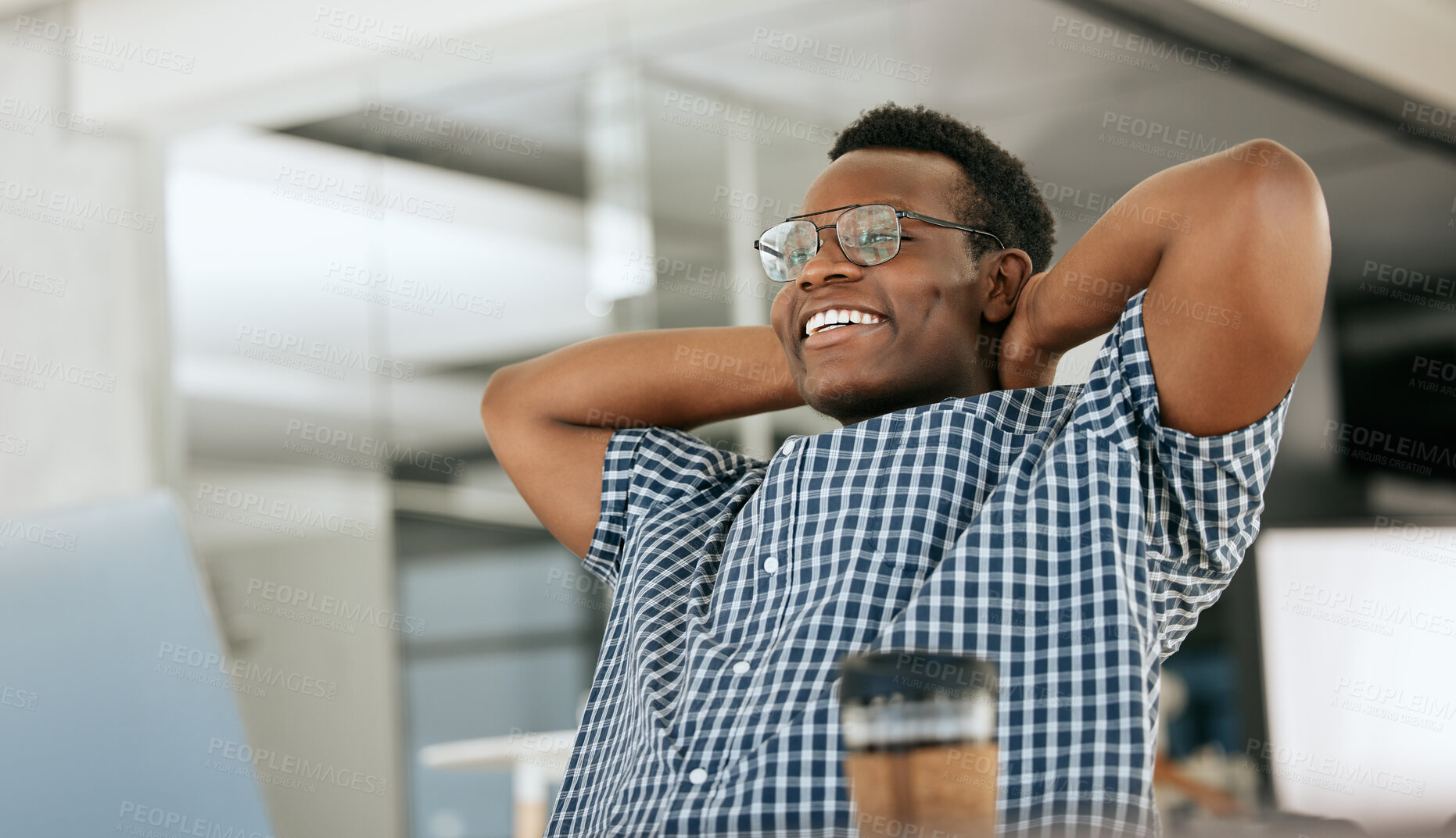 Buy stock photo Business black man relax at his office desk for finance, sales and company development, startup success or kpi achievement. Stretching businessman happy for career, job productivity or online review