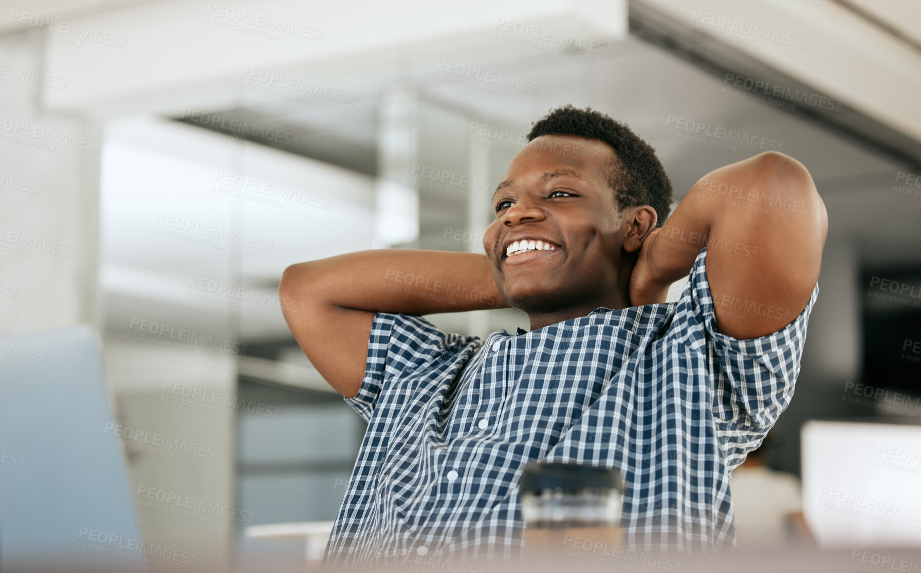 Buy stock photo Laptop, businessman and black man relax in office after finish project or task complete. Thinking, rest or happy male from Nigeria on break after hard work, writing email or planning finance strategy