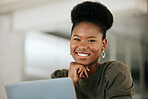 Portrait of black woman, office employee and laptop for email communication, business professional and company staff worker. Happy staff, businesswoman face with smile and corporate work leadership 
