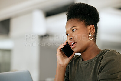 Buy stock photo Phone call, black woman and talking with laptop, for conversation and planning. Female entrepreneur, employee and business owner speaking on smartphone and networking with client and communication 