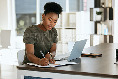 Buy stock photo Corporate black woman, notebook and writing in planning, schedule or strategy for job as receptionist. Woman, professional and laptop on table by book, working or thinking of idea for research notes