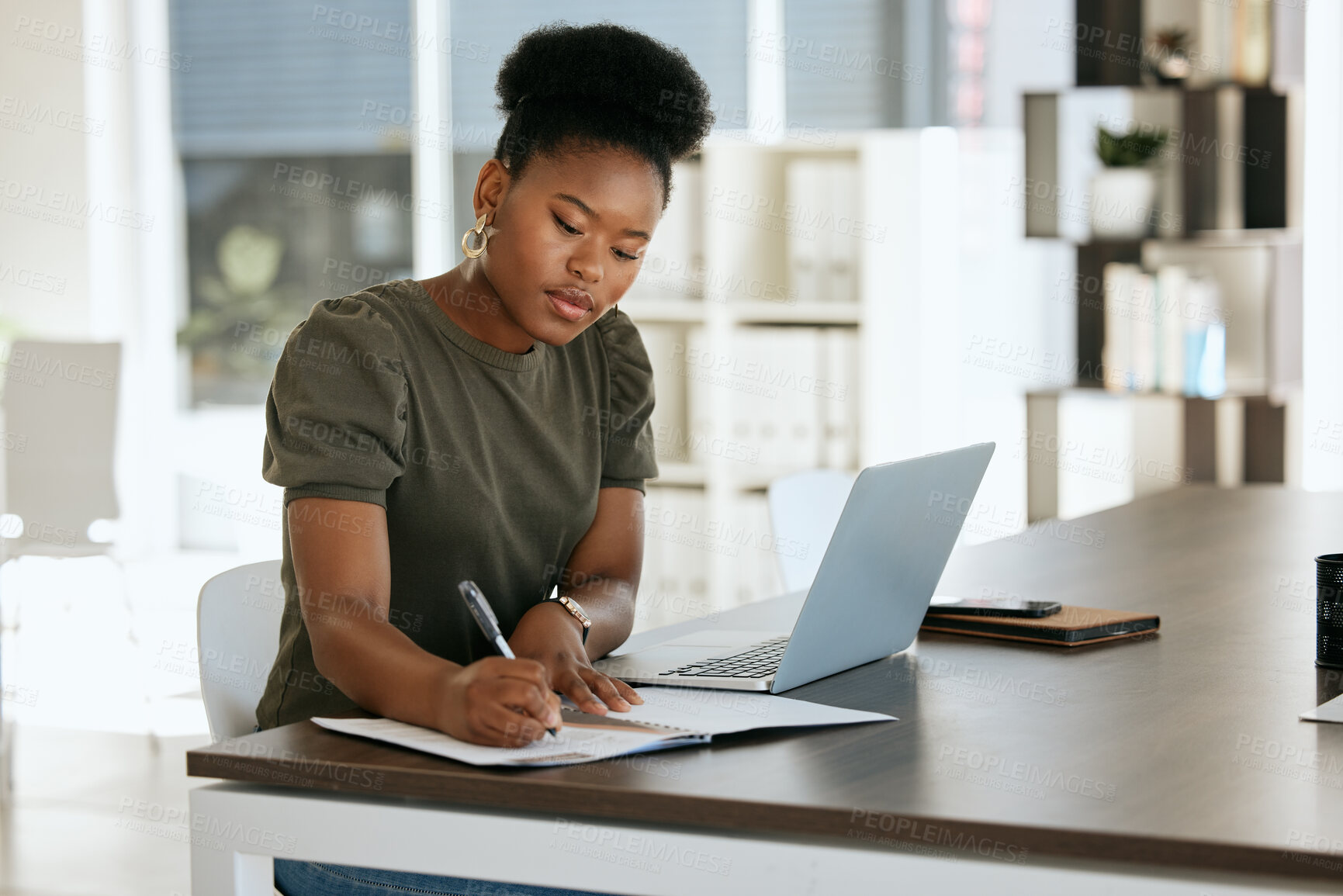 Buy stock photo Corporate black woman, notebook and writing in planning, schedule or strategy for job as receptionist. Woman, professional and laptop on table by book, working or thinking of idea for research notes