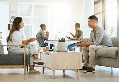 Buy stock photo Business people, office discussion and marketing team on sofa in advertising agency for meeting, collaboration and planning. Design workers talking on couch in creative workplace, startup and lounge 