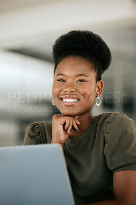Buy stock photo Woman, business and office portrait of a company worker with corporate vision and innovation. Happy black woman smile ready for web management, entrepreneur growth and employee strategy planning