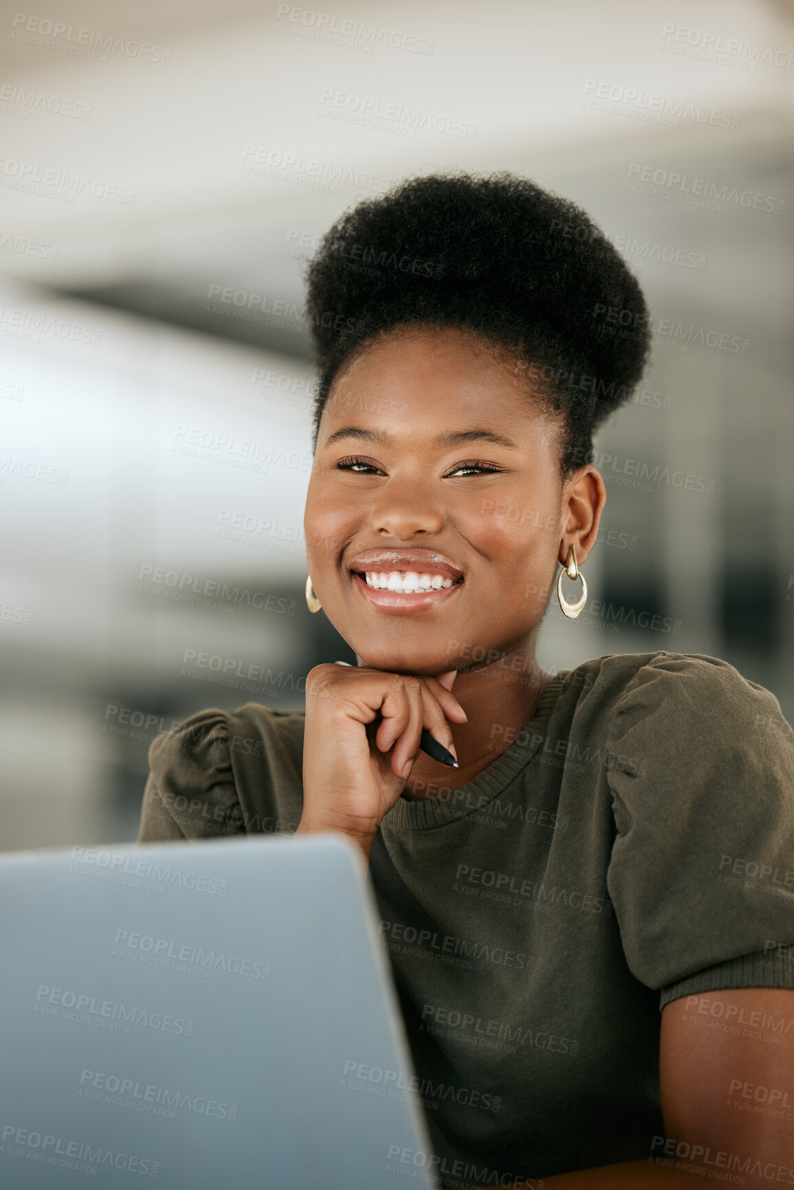 Buy stock photo Woman, business and office portrait of a company worker with corporate vision and innovation. Happy black woman smile ready for web management, entrepreneur growth and employee strategy planning