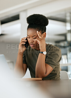 Buy stock photo Headache, phone call and black woman with business,  burnout experience and talking in office. Young female, girl and entrepreneur with smartphone, stress and with issue for startup company and chat.