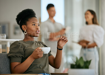 Buy stock photo Black woman, morning coffee and business talking of a corporate employee in a office. Corporate analysis, innovation and strategy planning communication of a market research worker in a conversation