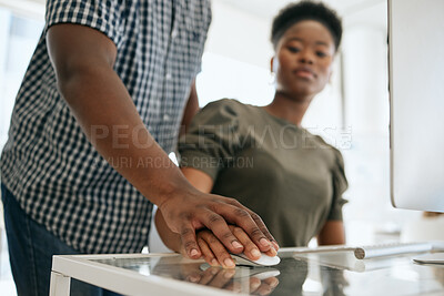 Buy stock photo Sexual harassment, work and black woman suffering stress, anxiety and fear, problem and issue in office with boss. Receptionist, harassment and gender equality problem in workplace, crime and crisis