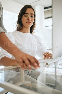 Buy stock photo Sexual harassment, office and touching hands of woman with uncomfortable, angry and frustrated with worker. Business, sexual abuse and girl with computer in toxic, unhealthy and corporate workplace