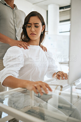 Buy stock photo Sexual harassment, uncomfortable and awkward with a business woman feeling negative about man hands on her shoulders. Stop, wrong and advantage with a female victim working on a computer in an office