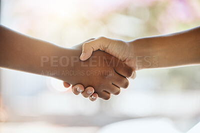 Buy stock photo Handshake, partnership and hands with support or welcome, trust and agreement with team building or thank you. People shaking hands, team and partner with solidarity and onboarding with commitment.