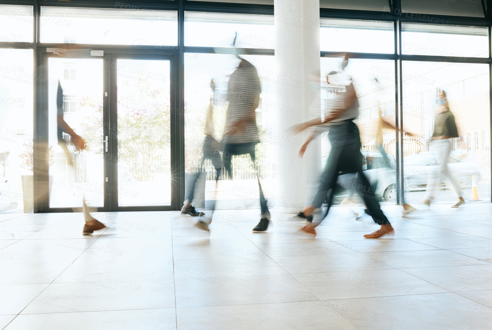 Buy stock photo Motion blur, busy office and business people walking, moving or fast speed in workplace, startup company or agency. Group of workers, crowd and employees rush movement in lobby, building and hallway