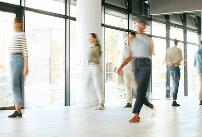 Buy stock photo Office walking, business and team with moving speed in a office ready for morning working. Corporate worker, company employee group and staff walk together with a blur, action and fast workplace 