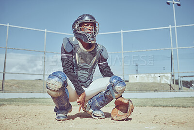 Buy stock photo Baseball, fitness and catcher on a baseball field training for a sports game in an outdoor exercise workout in summer. Focus, wellness and healthy black man in safety gear with a secret hand gesture 