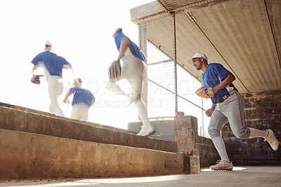Buy stock photo Baseball, sports and team running at a game for celebration, success and competition. Sport, teamwork and men training with a run in motion and action for a collaboration at a professional event