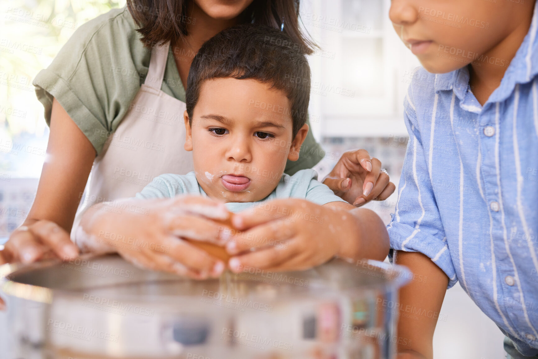 Buy stock photo Family, cooking and child learning about baking with eggs in home kitchen with mom teaching kid to bake. Boy, woman and sibling together while helping to cook a meal, cake or food for quality time