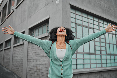 Buy stock photo Energy, happy and smile with black woman in celebration of success, winning and cheer in New york city. Motivation, freedom and joy girl in town, vacation and celebrate victory by urban building