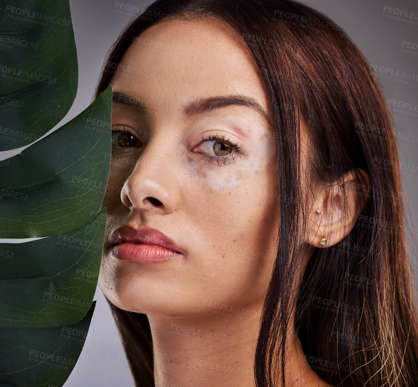 Buy stock photo Beauty, leaf and woman with vitiligo in studio for wellness, skincare and luxury grooming on grey background mockup. Portrait, plant and face of dermatology model relax with natural facial product