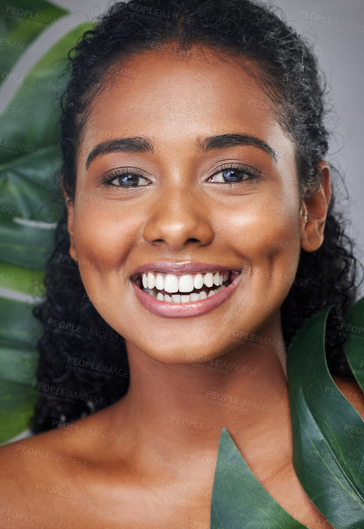Buy stock photo Natural skincare, leaf and portrait of black woman with healthy glowing skin, beauty cosmetics and facial makeup. Dermatology, wellness and aesthetic face of happy model girl with self care routine