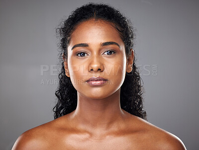 Buy stock photo Face, beauty and skincare of a woman from India with glowing, wellness and skin health. Portrait of a young Indian person after a cosmetic, dermatology of glowing body treatment looking radiant