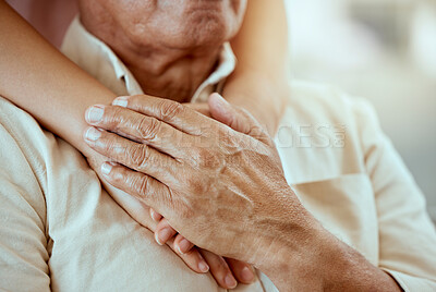 Buy stock photo Senior man, nurse or holding hands in support, trust or security for mental health, depression or anxiety in nursing home. Zoom, healthcare worker or caregiver with retirement elderly in therapy help