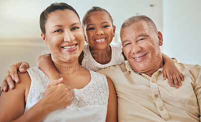 Buy stock photo Family, children and grandparents with a girl happy to be spending time in a retirement home with granny and grandpa. Portrait, love and kids with a senior man, woman and grandchild bonding together