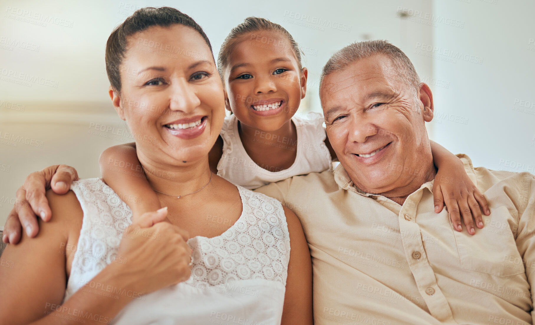 Buy stock photo Family, children and grandparents with a girl happy to be spending time in a retirement home with granny and grandpa. Portrait, love and kids with a senior man, woman and grandchild bonding together