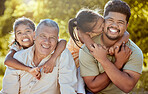 Happy family, love and children smile outdoors bonding together for piggy back ride in garden. Fun grandpa, relax dad and kids play in nature park on big family travel vacation or summer holiday