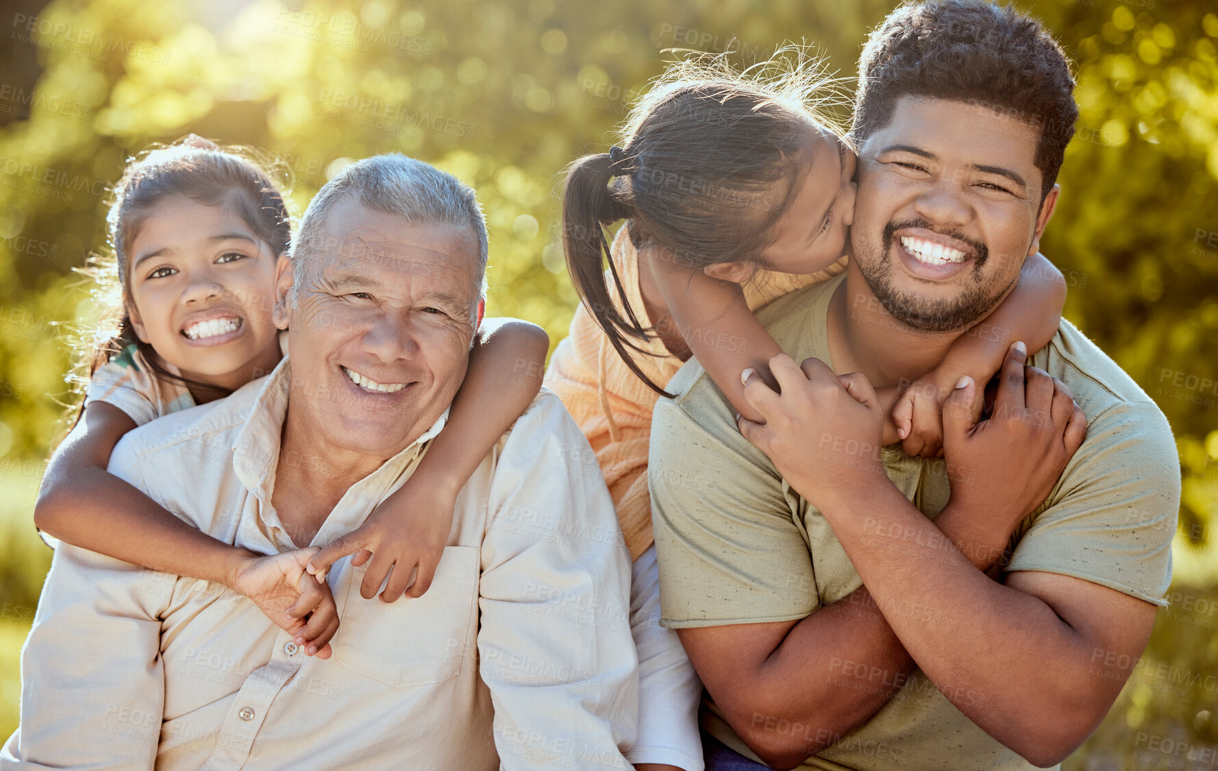 Buy stock photo Happy family, love and children smile outdoors bonding together for piggy back ride in garden. Fun grandpa, relax dad and kids play in nature park on big family travel vacation or summer holiday