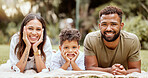 Garden, happy family and couple with child on blanket in park for summer picnic and family time together. Nature, love and relax on grass, portrait of man, woman and kid with smile enjoying holiday.