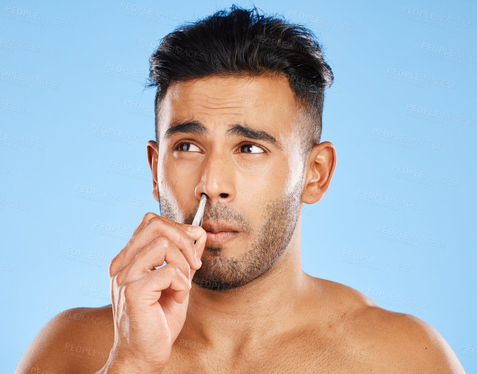 Buy stock photo Nose hair grooming, tweezers and man beauty routine of a model from Spain doing skin and face care. Skincare, wellness and treatment of a person doing cometic hygiene, dermatology and cosmetic trim