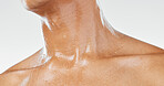 Body of man sweating from exercise, skin neck with water dripping or wet body cropped on white studio background. Sports person after workout shower, stress hyperhidrosis in men or sports healthcare