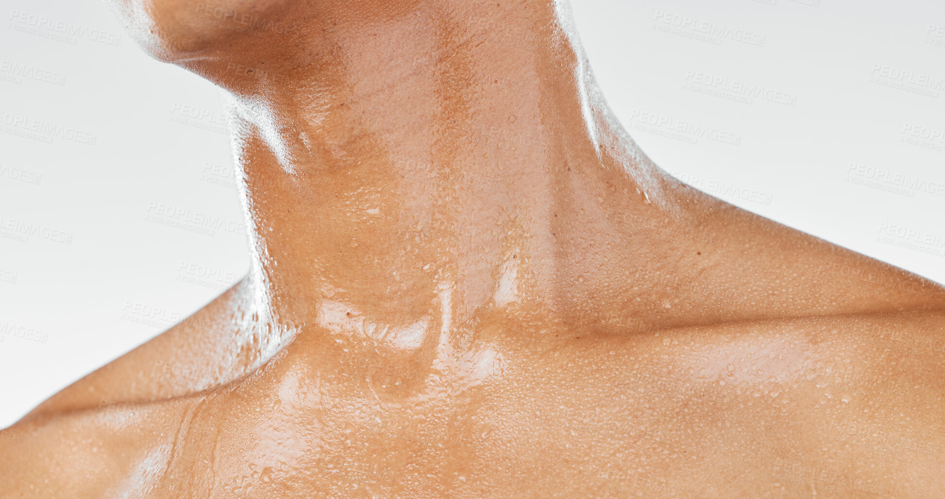 Buy stock photo Body of man sweating from exercise, skin neck with water dripping or wet body cropped on white studio background. Sports person after workout shower, stress hyperhidrosis in men or sports healthcare