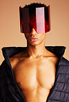 Beauty, futuristic fashion and man in sunglasses with creative cyberpunk style, modern accessory and trend setting sci fi eyewear. Black man, artistic red glass visor and future of edgy new clothing 