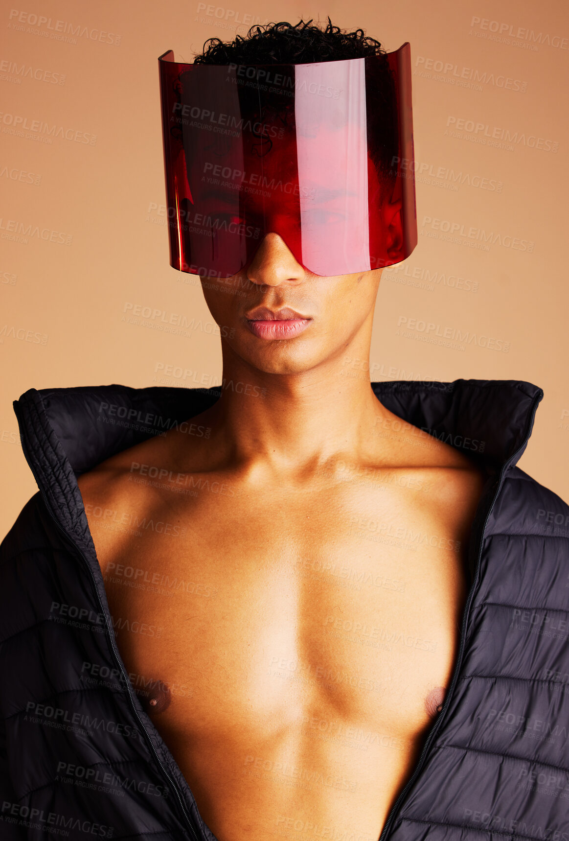 Buy stock photo Beauty, futuristic fashion and man in sunglasses with creative cyberpunk style, modern accessory and trend setting sci fi eyewear. Black man, artistic red glass visor and future of edgy new clothing 