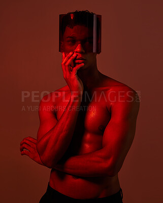 Buy stock photo Cyberpunk, glasses and red neon black man with aesthetic lighting, creative body shadow and futuristic sci fi fashion. Future fantasy mask, beauty creativity and gen z model with sexy shadow light
