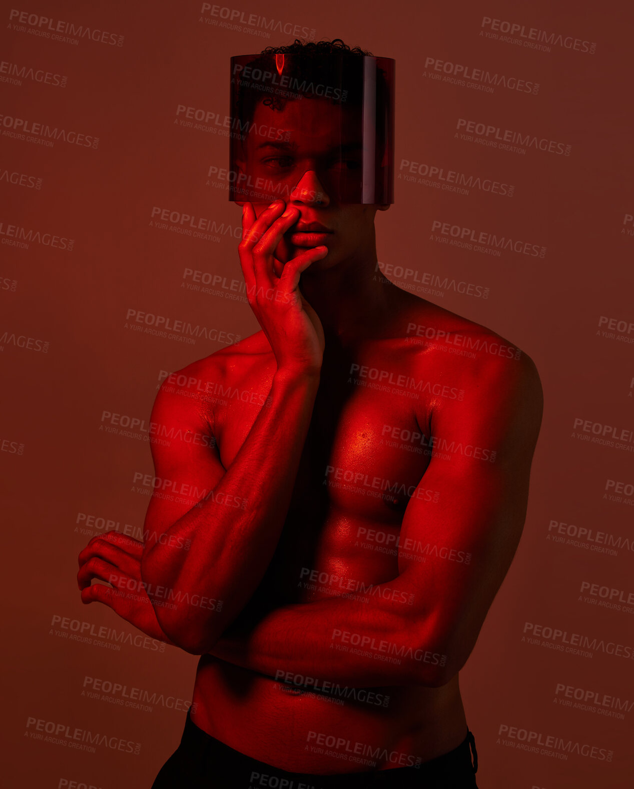 Buy stock photo Cyberpunk, glasses and red neon black man with aesthetic lighting, creative body shadow and futuristic sci fi fashion. Future fantasy mask, beauty creativity and gen z model with sexy shadow light
