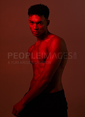 Buy stock photo Black man, body and dark light on red background in studio for exercise, training or workout bodybuilder, personal trainer or coach. Portrait, fitness model or red light aesthetic for health wellness