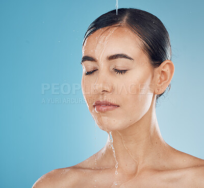 Buy stock photo Water splash, woman face and beauty of a model in shower relax about skin wellness, health and care. Cosmetic, clean and healthy body skincare of a young person calm after luxury spa treatment