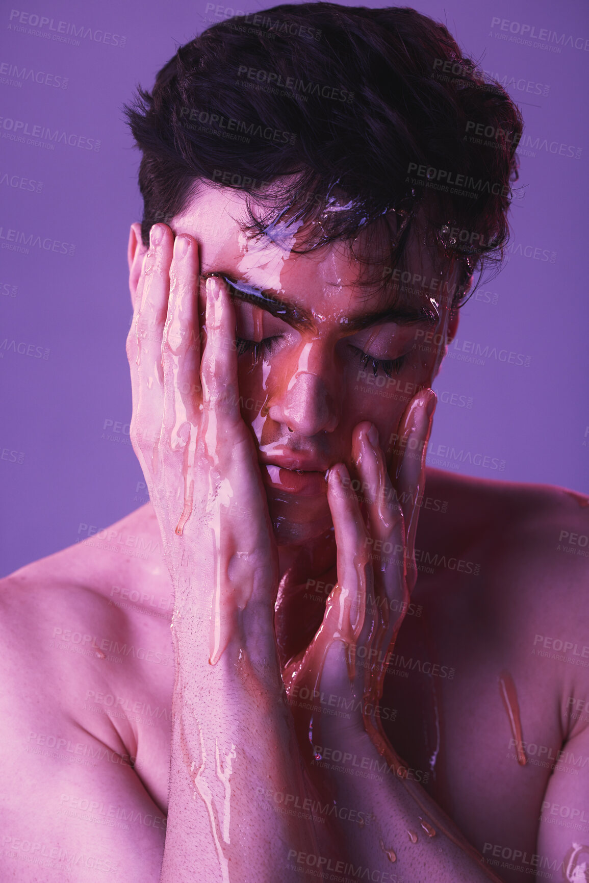 Buy stock photo Beauty, skincare and honey facial with man for health, natural and spa cosmetics. Wellness, hydration and moisture with model and organic mask in purple background for glowing, treatment or cosmetics