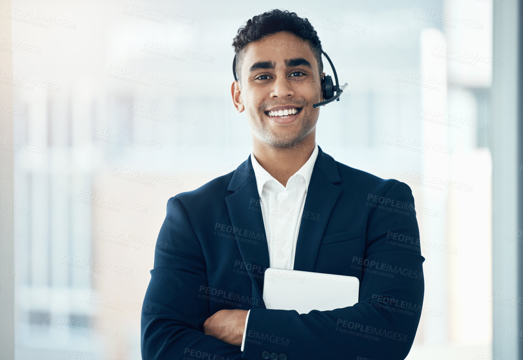 Buy stock photo Call center, portrait and crm worker in management with a tablet at a telemarketing company with a smile. Support, customer service and happy employee with tech for online consulting and arms crossed