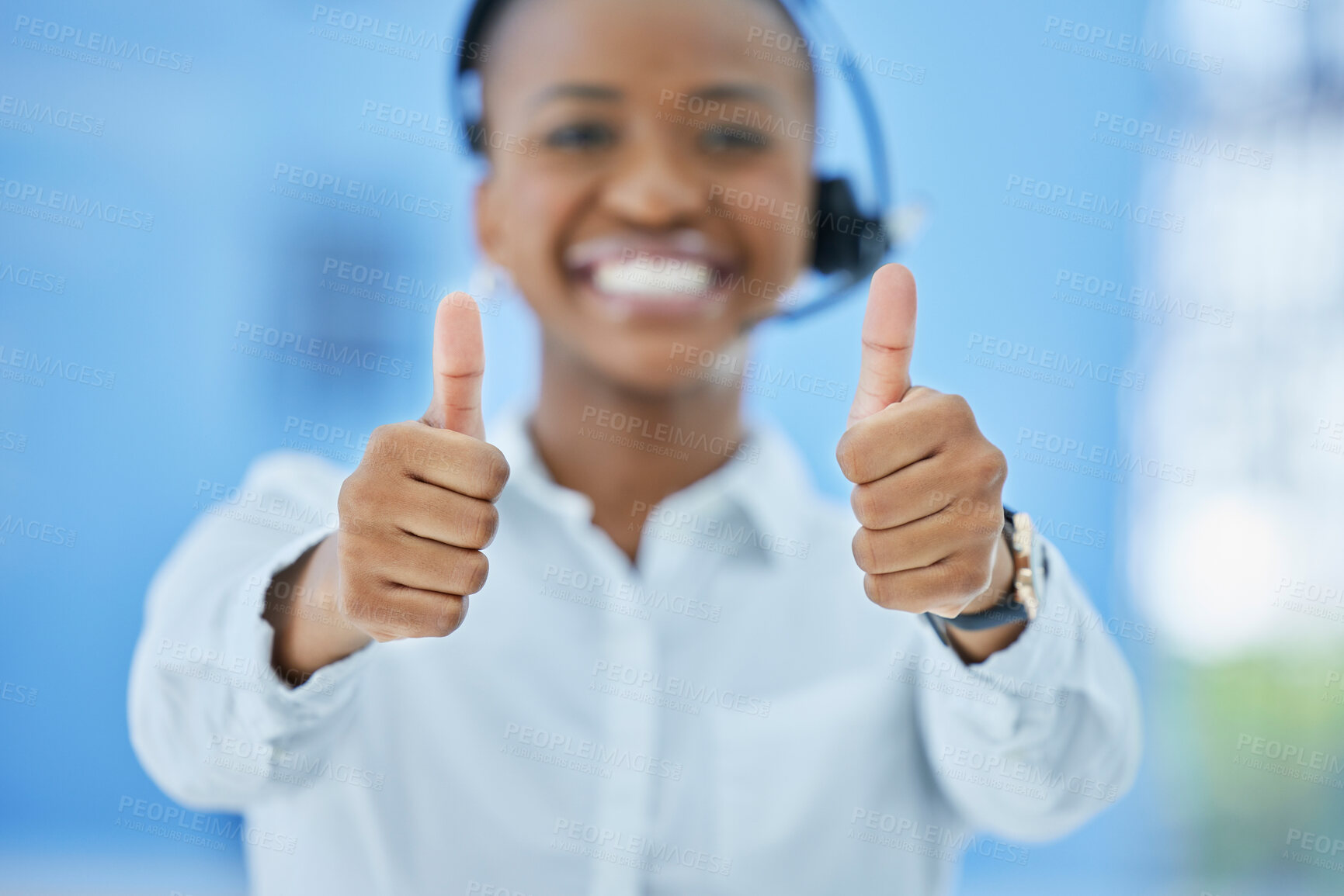 Buy stock photo Thumbs up, success and black woman consultant at call center with customer service promotion, achievement or win. Happy, yes and agreement of telemarketing worker excited for career development.
